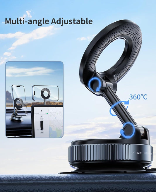 Magnetic Phone Holder for Car Dashboard – Vacuum Suction Base, 360° Adjustable, One-Hand Operation, Strong Magnet Mount for All Smartphones